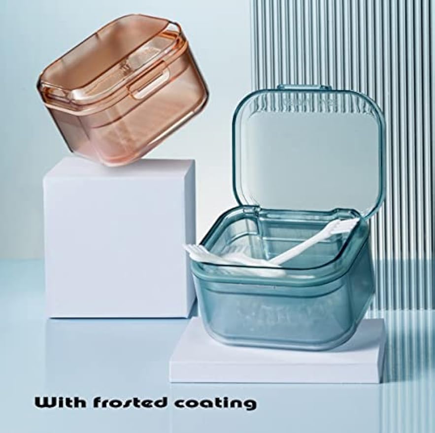 MURRI&MURRDI Retainer Case, Denture Bath Box with Strainer Basket, Mouth Guard Case, Braces Cleaner Cup, Cute Denture Cleaning Holder for Travel Retainer Storage Soak Container (B Blue)