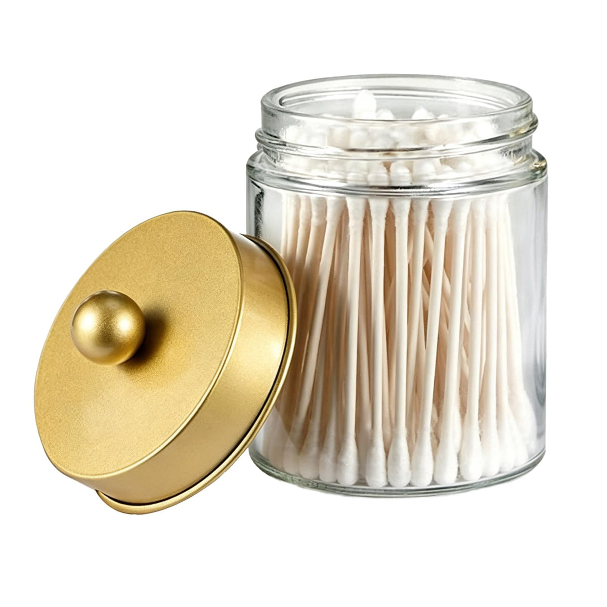 Amolliar Apothecary Jar Qtip Holder w/Metal Lid, Glass, Brushed Nickel | for Bathroom Vanity Storage, Countertop, Farmhouse Style, Holds Cotton Swabs, Dental Floss, Makeup Sponges