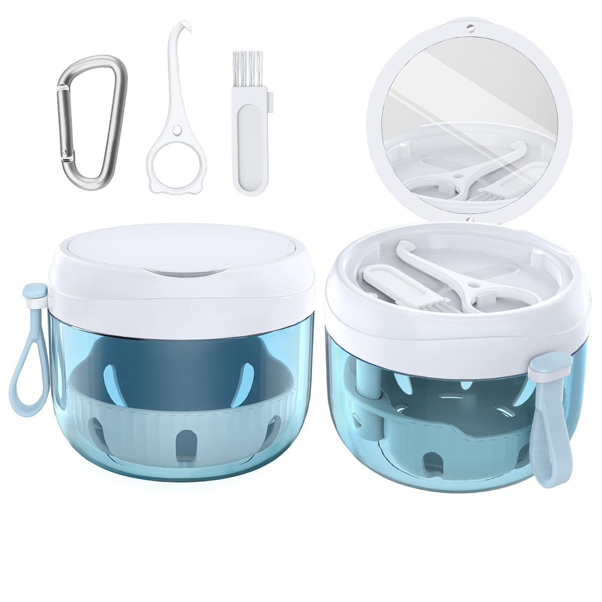 Denture Bath Box Cup, Leak Proof Denture Cup Kit Portable Retainer Case for Travel, Denture Case Cleaning Care for Dentures Aligner Mouth Guard with Denture Brush,Strainer, Removal Tool and Mirror