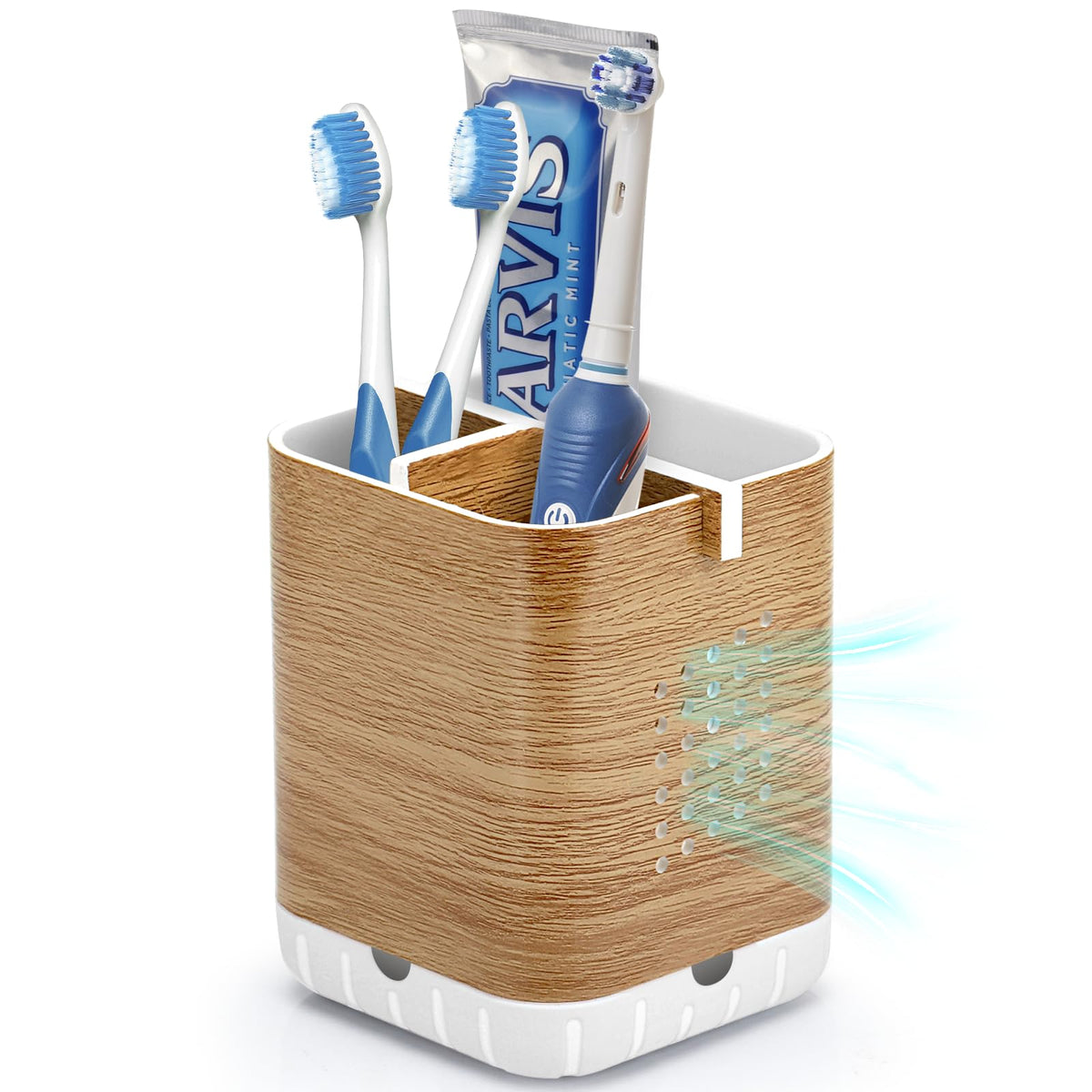 Boperzi Toothbrush and Toothpaste Holder with Bamboo Divider for Bathroom Countertop Organizer, Plastic Detachable Anti-Slip Large Electric Toothbrush Holders Storage Caddy Drainage for Family, Kids