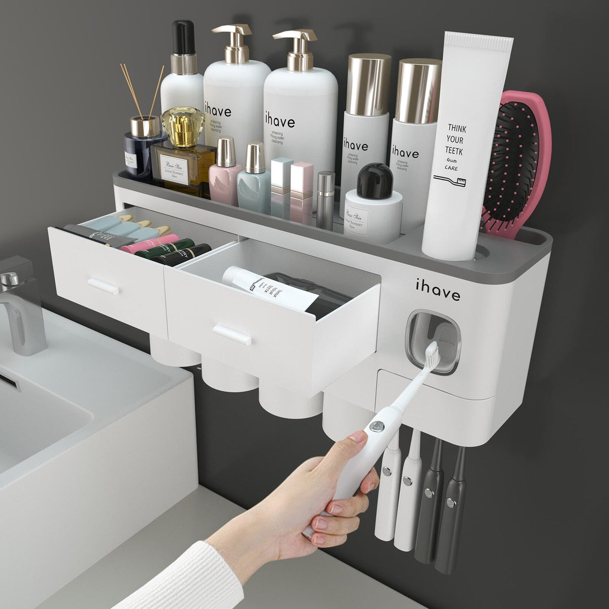 iHave Toothbrush Holders Wall Mounted with Toothpaste Dispenser & 2 Cups | All-in-One Bathroom Organizer: 2 Cups, 6 Slots, Toothpaste Dispenser, Large Tray & Drawer. Wall Mount, No Drilling Required