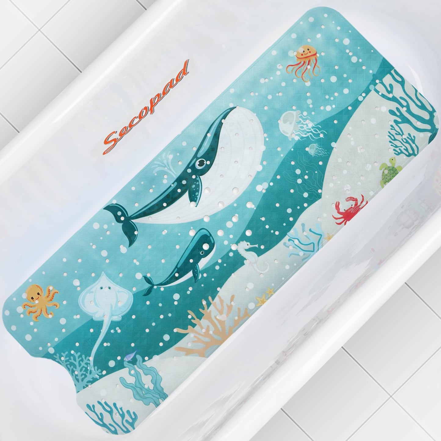 Secopad Bathtub Mat Non Slip, Cute Tub Mat, 40" x 16", Blue Sea Animals | Rectangular, Anti-Slip, Machine Washable, with Drain Holes and Suction Cups,For Bathtub and Shower Floor, for Toddler & Kids