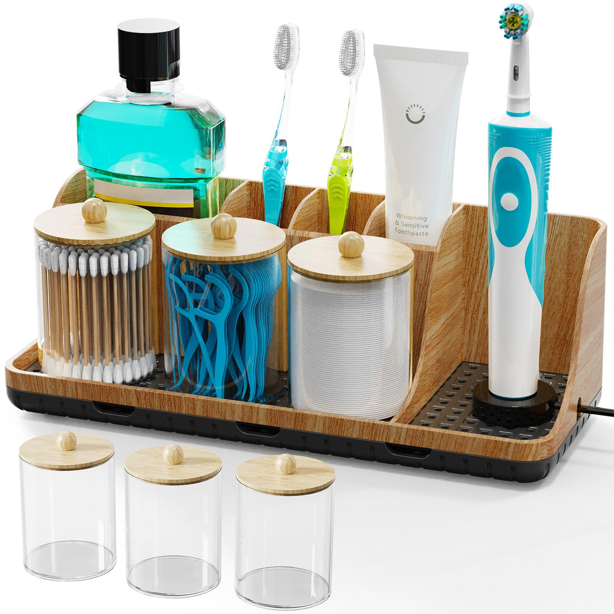 Bathroom Counter Organizers and Storage with 3 PCS Qtip Holder (White) | Easy To Clean, Drainage, Non-Slip, Detachable, 6 Slots Toothbrush Holders for Bathrooms