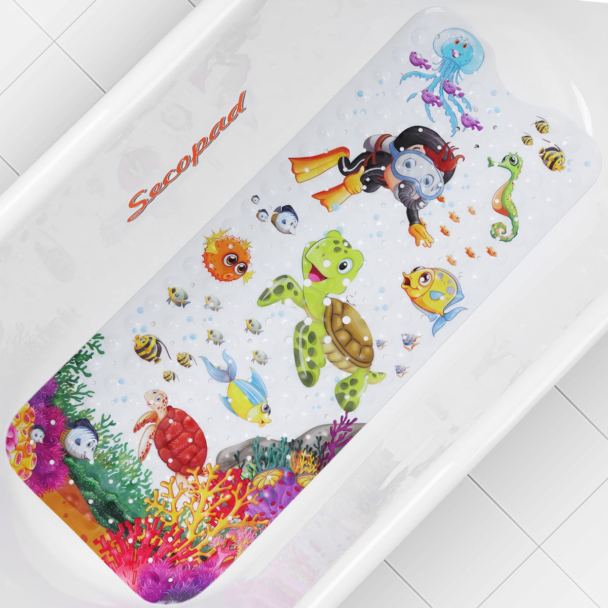 Secopad Bathtub Mat Non Slip, Cartoon Bath Tub Mat, 27.5" x 15", Turtle | Rectangular, Anti-Slip, Machine Washable, with Drain Holes and Suction Cups,For Bathtub and Shower Floor, for Toddler & Kids
