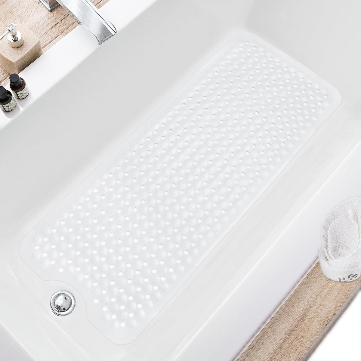 TEESHLY Bath Tub and Shower Mats, Non Slip 40 x 16 Inch Extra Large Bathtub Mat, Machine Washable Bathmat with Drain Holes, Suction Cups for Bathroom Floor, Gray