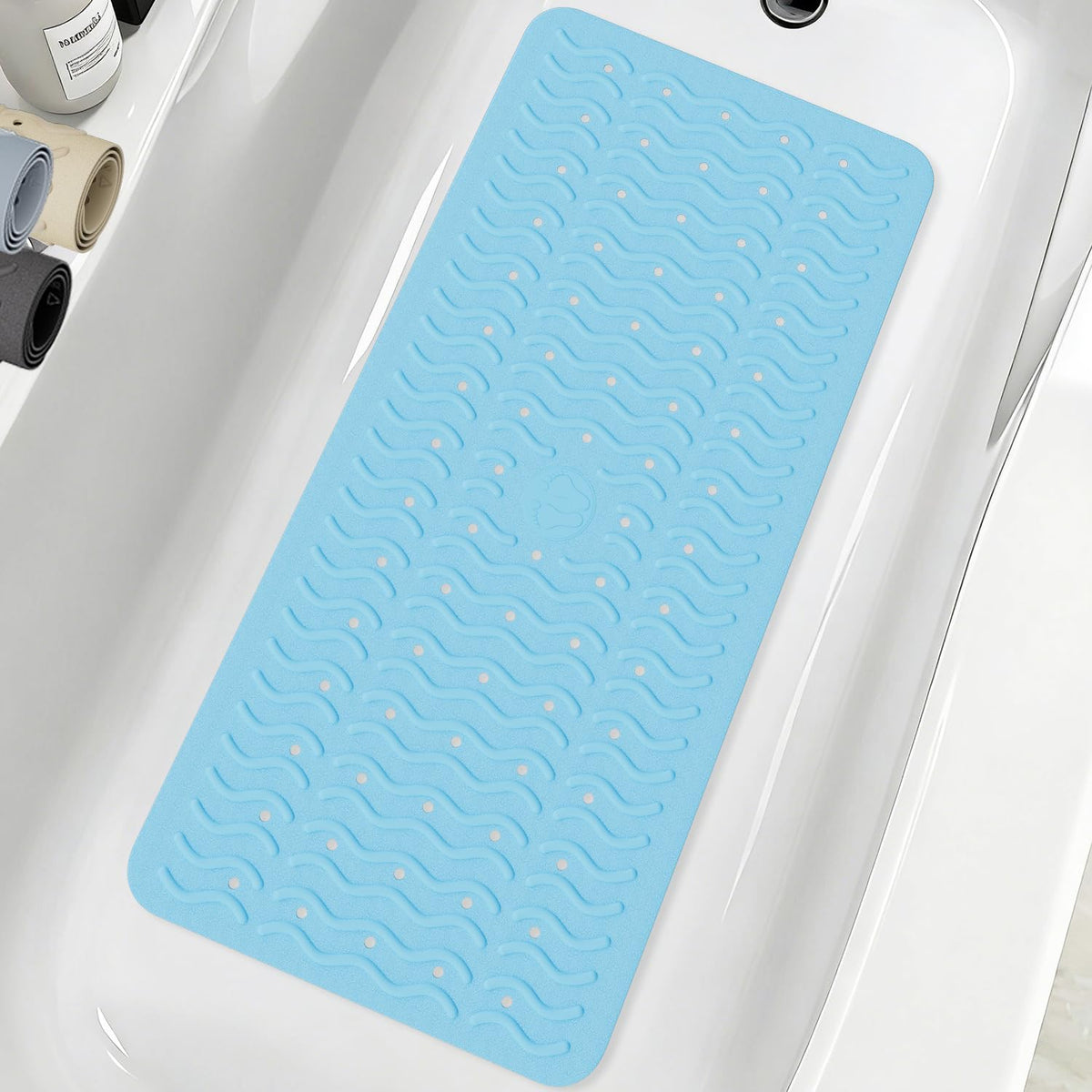 Non Slip Bathtub Mat & Shower Mat, 31x15'' Anti Slip Bath Mat for Tub, Soft TPE Anti-Skid Bathroom Mat with 194 Suction Cups & Drain Holes, Wave-Textured Grip, Machine Washable, Grey