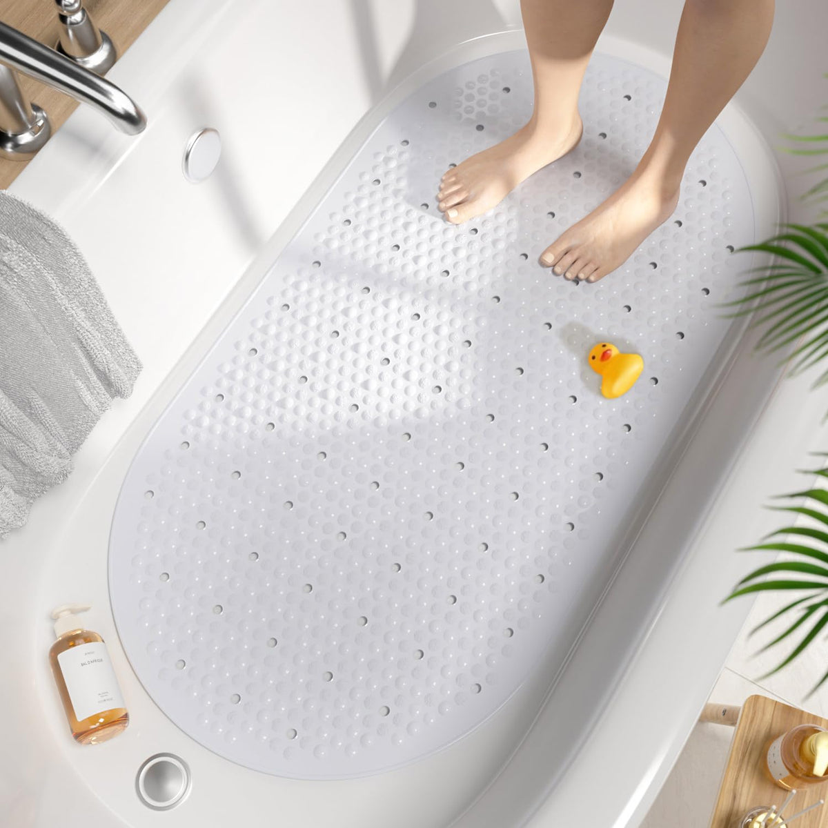 HITSLAM Bathtub Mat Non Slip, 27x15 Inch Bubble Oval Bath Tub Mat for Bathroom, Machine Washable Shower Mat with Suction Cups and Drain Holes, Clear