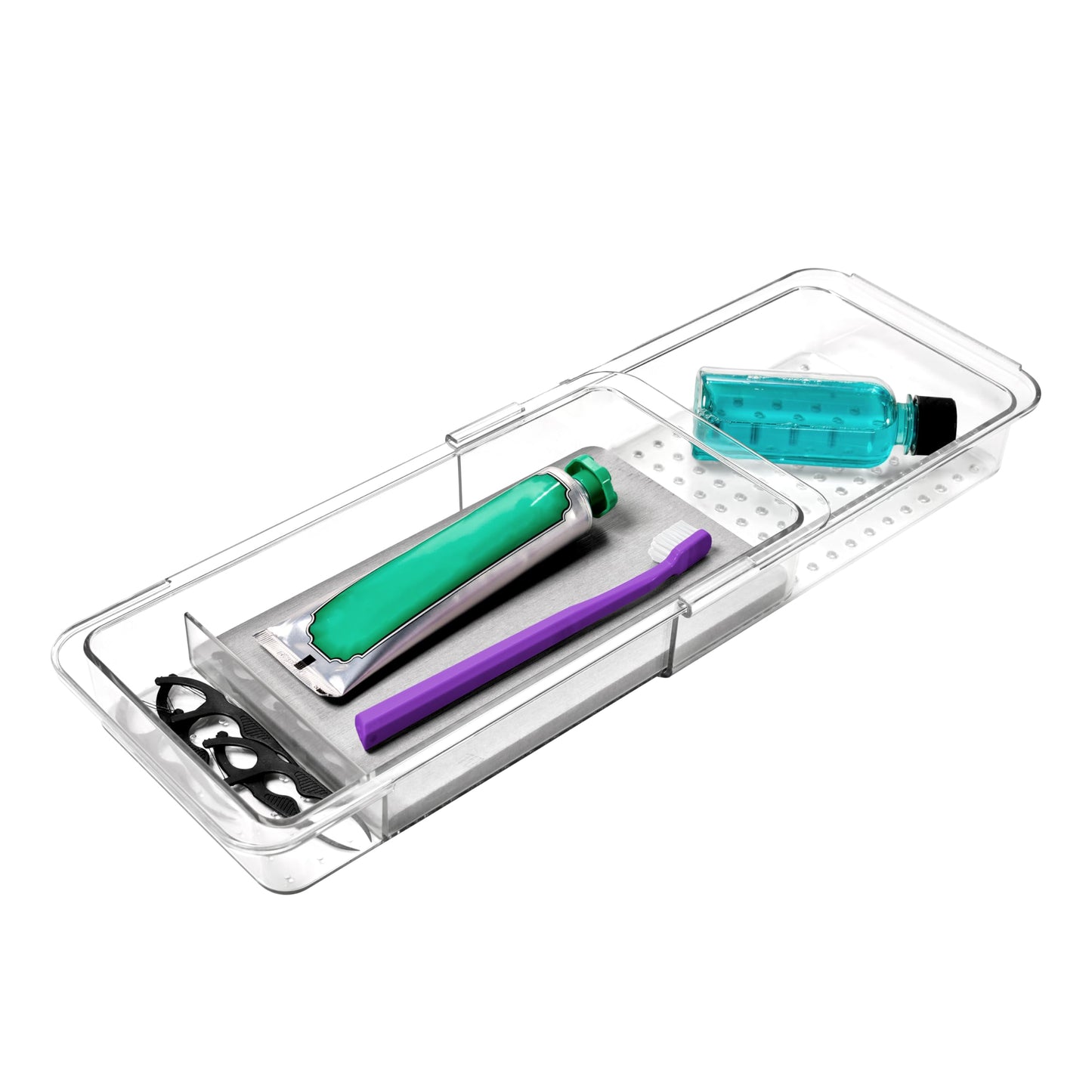 madesmart Drying Stone Drawer Organizer, Clear | diatomite, fast drying surface, divided layout, toothpaste floss, dental items, bathroom counter, woman owned