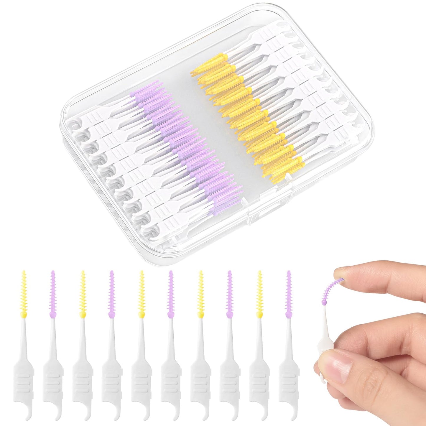 250 Interdental Brushes, Silicone Floss Picks With Case, Yellow/Purple | Soft Flexible Silicone Tips, Dual-Ended Design, Portable Storage Case, For Tight Gaps And Daily Teeth Cleaning