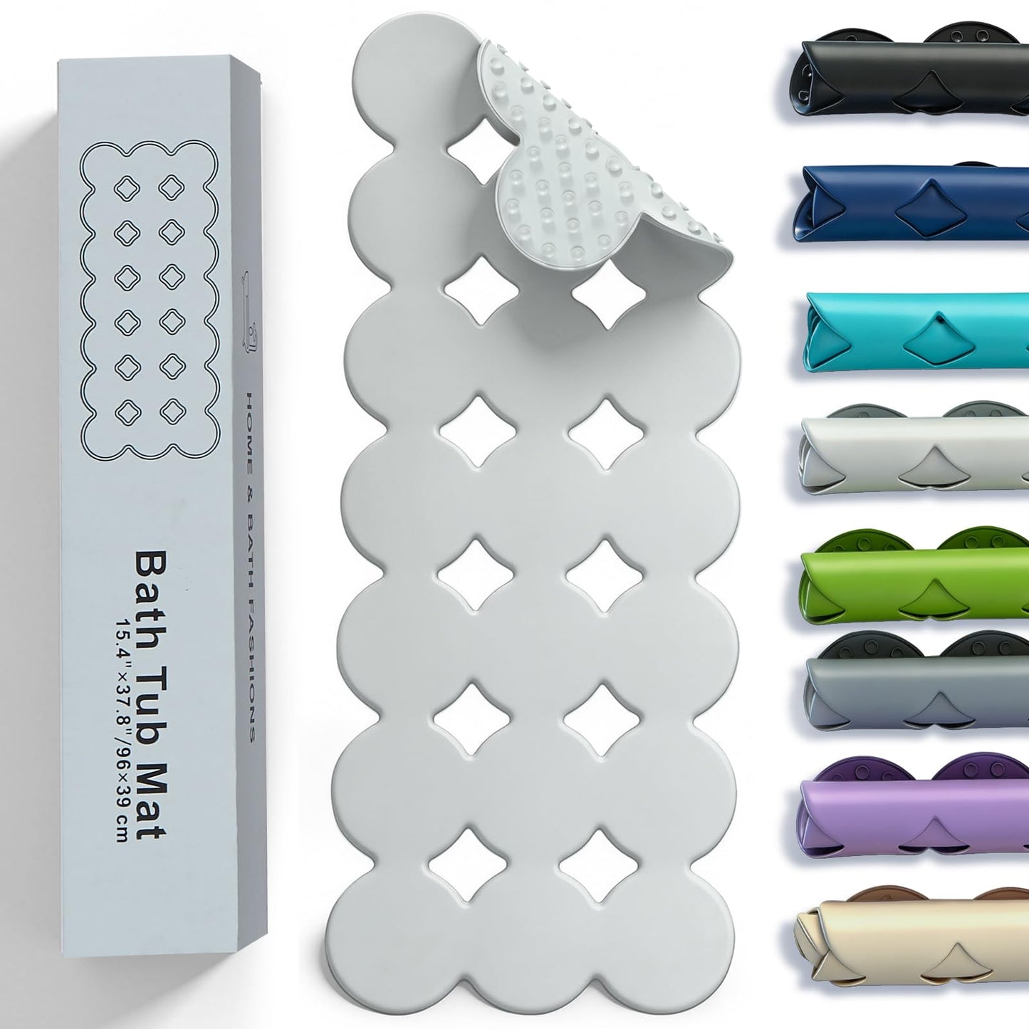 Webos Bathtub Mat Non Slip: Extra Long Rubber Bath Mat for Tub with Strong Suction Cups 15.4" x 37.8" Anti Slip Shower Mat, Big Drain Holes Bathroom Mats for Tub & Shower, Circle-Grey