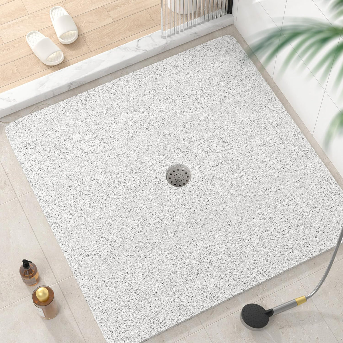 HITSLAM Square Shower Mat, 24 x 24 Inch Non Slip Bath Mat for Tub, Soft PVC Loofah Bathtub Mats with Drain Holes, Quick Drying Bathroom Stall Floor Mat, Bathroom Accessories Without Suction Cup, Grey