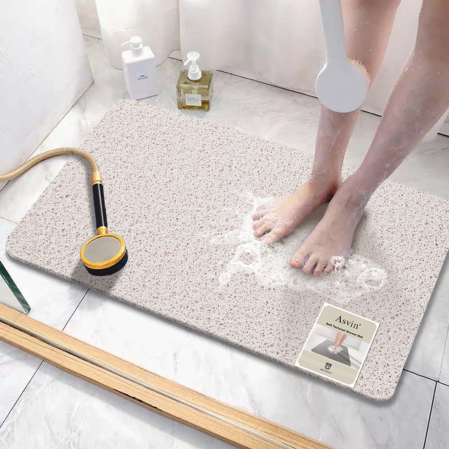 Asvin Soft Textured Bath, Shower, Tub Mat, 24x16 Inch Rectangular, Phthalate Free, Non Slip Comfort Bathtub Mats with Drain, PVC Loofah Bathroom Mat for Wet Areas, Quick Drying, Grey