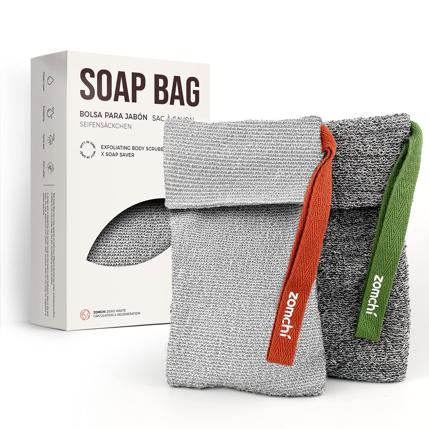 ZOMCHI Soap Saver Bags for Bar Soap, 2 Pack, Deep Texture Grey | Nylon Mesh Helps Create Rich Lather, Hanging Loop, Quick Drying Design, Roomy Pouch For Bath And Shower Routines