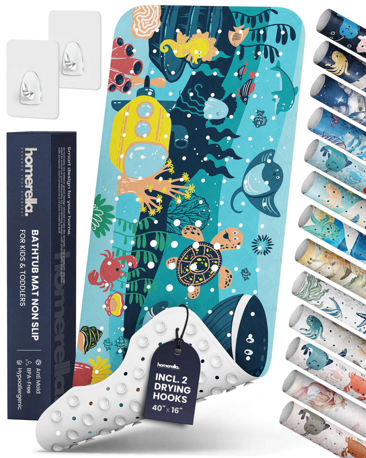 homerella Bathtub Mat Non Slip Kids 40x16 Baby Bath Mat Non Slip Anti Mold | 100% BPA Free, Non Toxic, Mildew Resistant, Machine Washable, Extra Long Kids Bath Mat for Tub Non Slip, Toddler Bath Mat