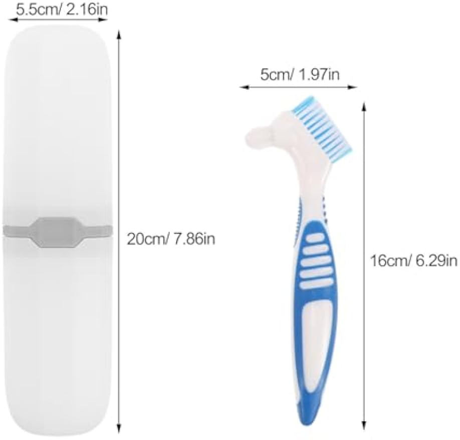 Healeved Denture Brush Set with Travel Case Double-Sided False Teeth Toothbrush Compact Storage Box for Oral Care Portable 6.3X2X0.8 Inches