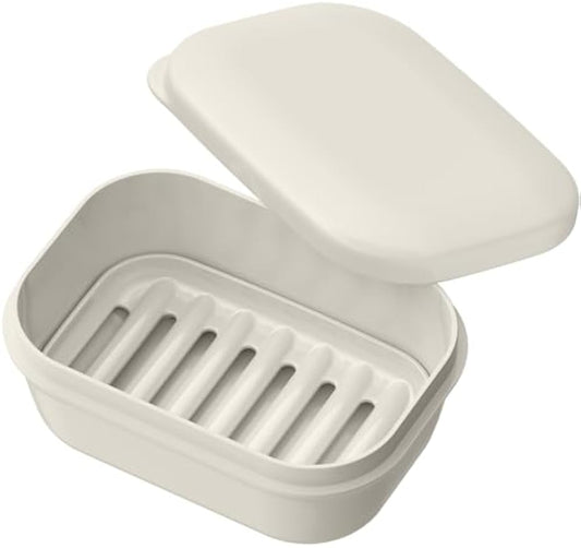 Quatish Leakproof Soap Dish with Lid & Draining Layer, Shatterproof Travel Bar Soap Holder Case Container, Portable Travel Size Toiletries Essentials for Camping, Gym, Bathroom, Beige