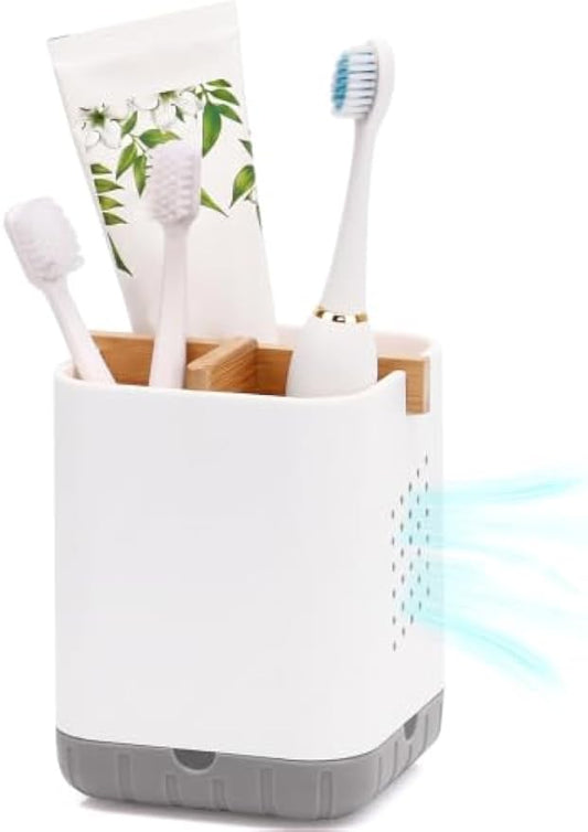 Boperzi Toothbrush and Toothpaste Holder with Bamboo Divider for Bathroom Countertop Organizer, Plastic Detachable Anti-Slip Large Electric Toothbrush Holders Storage Caddy Drainage for Family, Kids