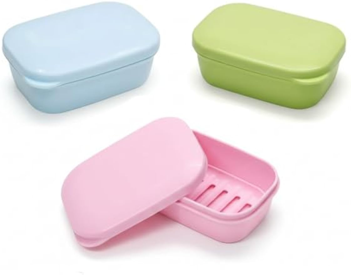 3 Pack Travel Soap Case with Lid, Leakproof Travel Soap Container, Portable Soap Holder with Removable Drain Tray for Home, Bathroom, Hiking, Camping, Outdoor (Blue, Pink, Green-n)