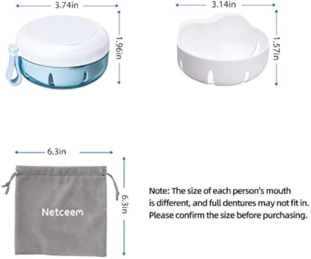 OB05 Leak Proof Denture Cup Kit Portable Retainer Case Perfect for Travel, Denture Case Container Cleaning Care for Dentures Aligner Mouth Guard with Denture Brush,Strainer, Removal Tool and Mirror