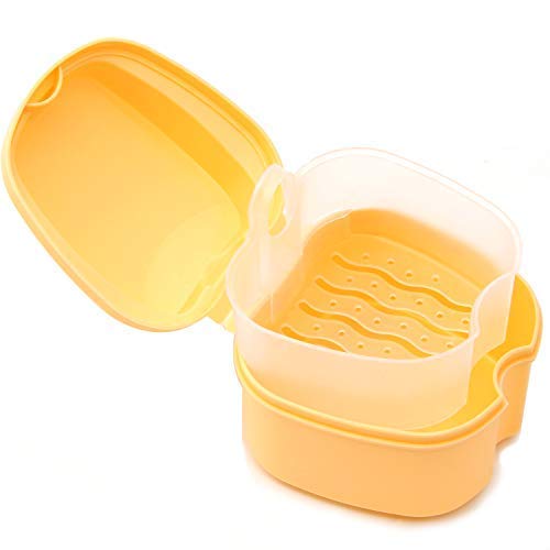 Coolrunner Denture Case, Denture Cup with Strainer, Denture Bath Box False | Teeth Storage Box with Basket Net Container Holder for Travel, Retainer Cleaning (Green)