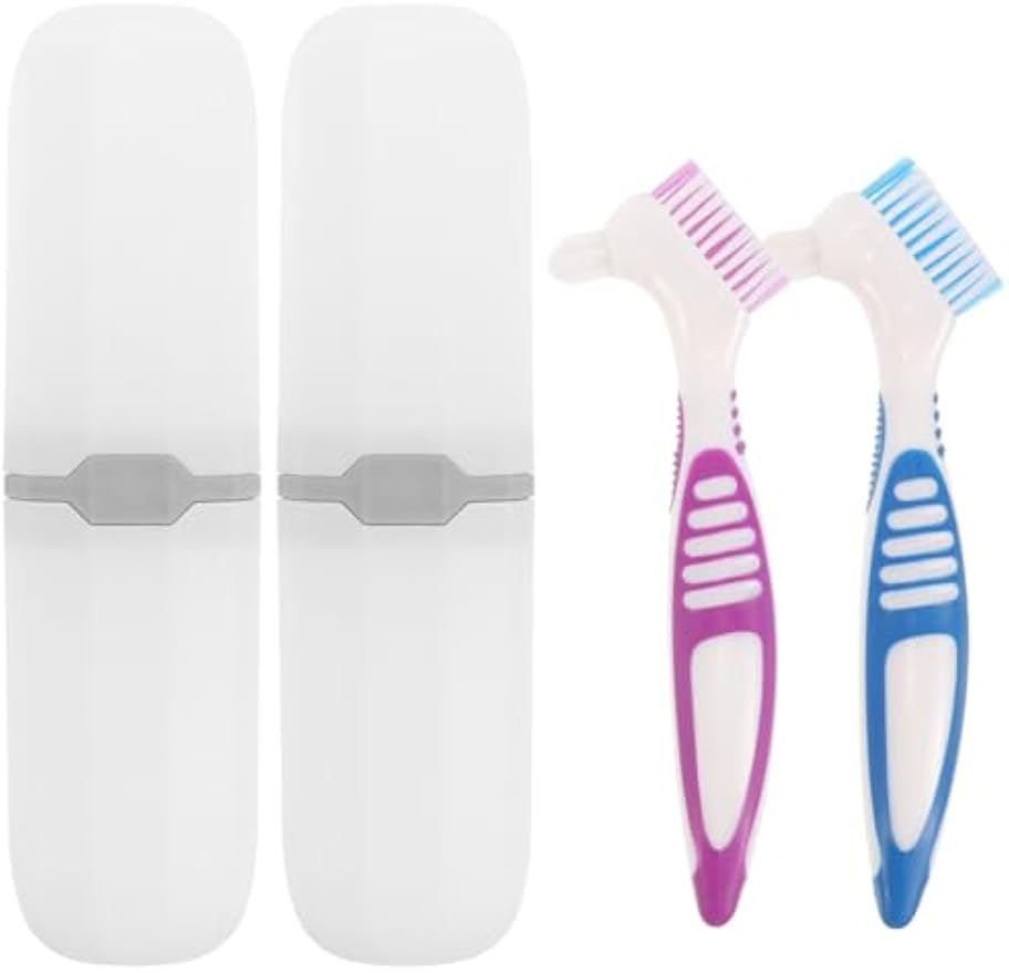 Healeved Denture Brush Set with Travel Case Double-Sided False Teeth Toothbrush Compact Storage Box for Oral Care Portable 6.3X2X0.8 Inches
