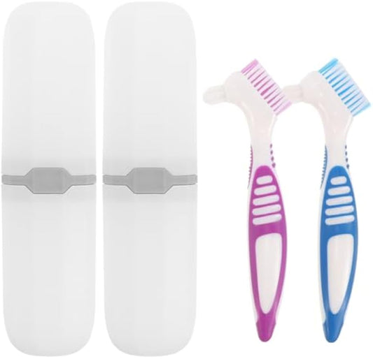 Healeved Denture Brush Set with Travel Case Double-Sided False Teeth Toothbrush Compact Storage Box for Oral Care Portable 6.3X2X0.8 Inches