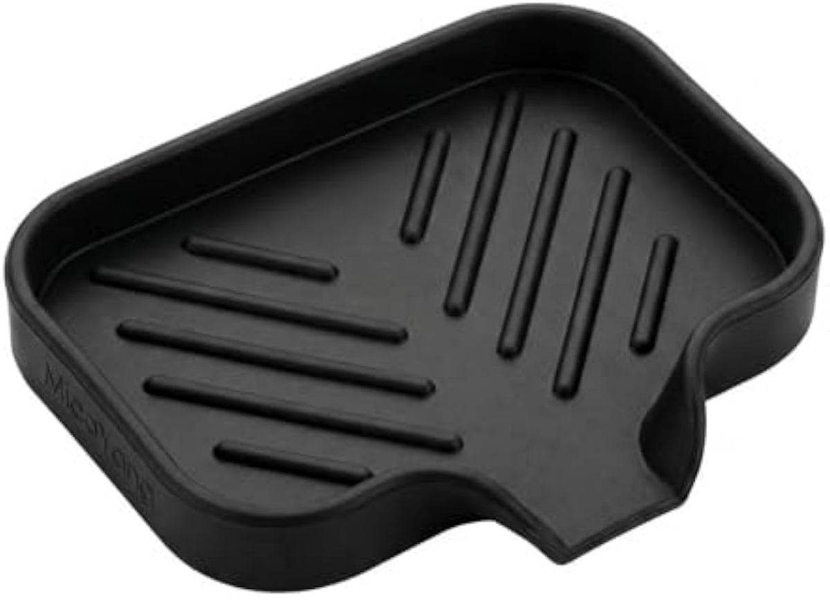 MicoYang Silicone Soap Dish with Drain Spout, Self-Draining Sink Organizer Tray for Bathroom and Kitchen, Sponges, Dispensers and Soap Holder, Non-Slip and Dishwasher Safe, Black (Compact, 4.9"×3.2")