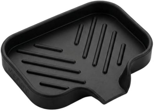 MicoYang Silicone Soap Dish with Drain Spout, Self-Draining Sink Organizer Tray for Bathroom and Kitchen, Sponges, Dispensers and Soap Holder, Non-Slip and Dishwasher Safe, Black (Compact, 4.9"×3.2")