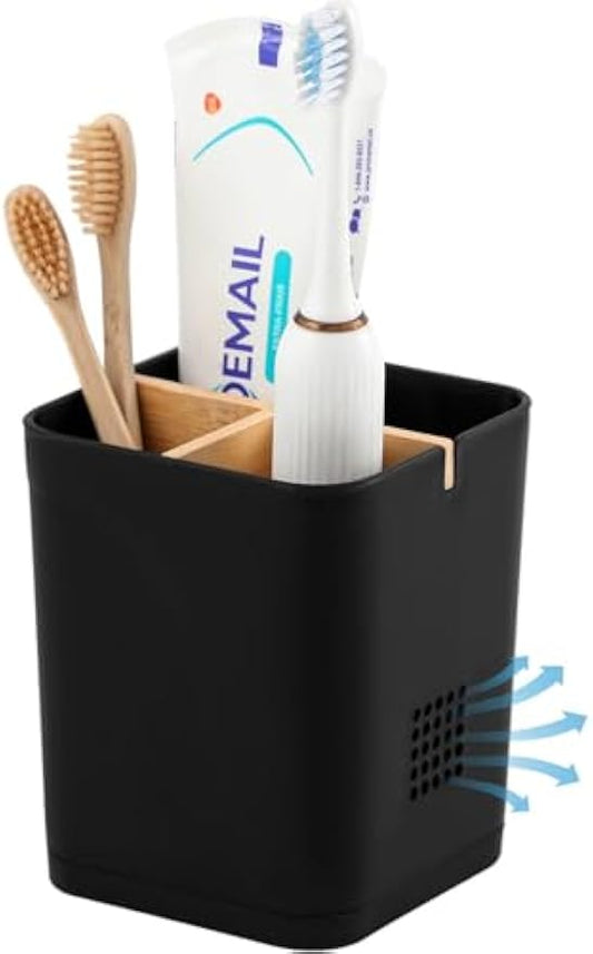 Electric Toothbrush Holder Tooth Brush and Toothpaste Organizer, Black | 3 Slots, Drainage Holes, Removable Bamboo Divider, Ventilation Design, Space-Saving, for Bathroom Countertop, Shower, Vanity