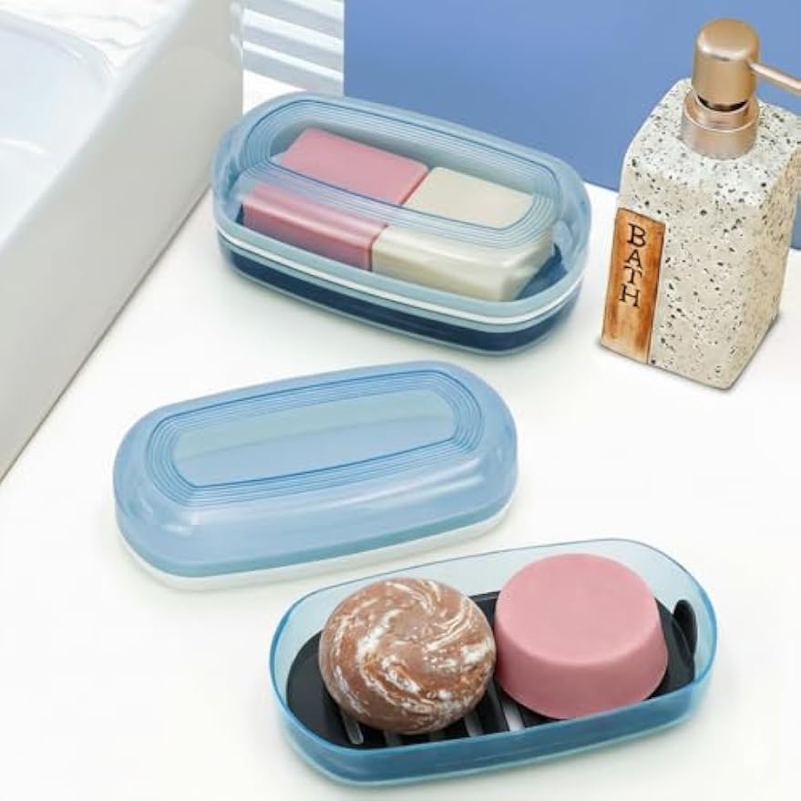 OZNER Clear Travel Soap Case Compatible with Kitsch - Leak-Proof Multi-Use Soap Holder with Draining Layer for Shampoo Bars, Conditioner Bars & Soap (Blue,1 Pack)