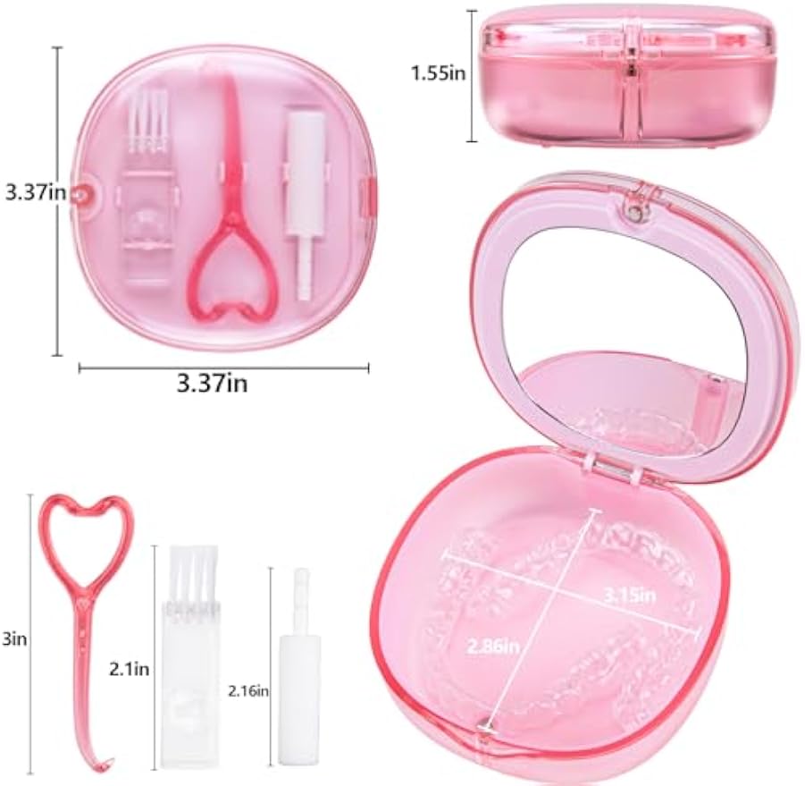 Pink Aligner and Retainer Case Double-layer Cute Slim Braces Night Mouth Guard Case with Remover Tool, Chew and Cleaning Brush, Built in Mirror Orthodontic Dental Retainer Container