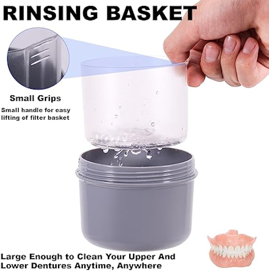 Denture Case, Leakproof Denture Soaking & Retainer Cleaning Container Cup | Durable, With Strainer Basket for Cleaning Full & Partial Dentures, Retainer, Mouthguard, Kit: Denture Cleaner Brush - Grey