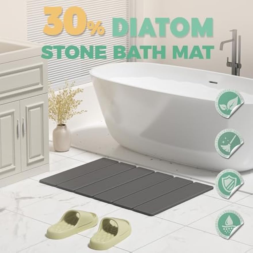 SYIPO Stone Bath Mat - Non-Slip Foldable Diatomite Bath Mat 23.6 x 15.3”, Super Absorbent & Quick Drying Bathroom Mat | Easy to Clean Shower Floor Mat, Dark Gray