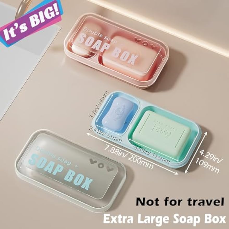 AIDIMMING Large Countertop Double Soap Dish with Lid, 2-Compartment Self Draining Soap Holder for Shower, Sink & Bathtub, 7.9 x 4.3 in Holder for Shampoo Bars and Bath Soap Bars, Light Blue