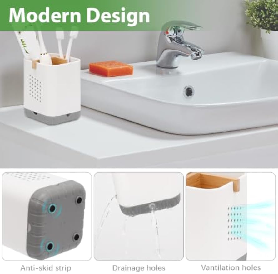 Boperzi Toothbrush and Toothpaste Holder with Bamboo Divider for Bathroom Countertop Organizer, Plastic Detachable Anti-Slip Large Electric Toothbrush Holders Storage Caddy Drainage for Family, Kids
