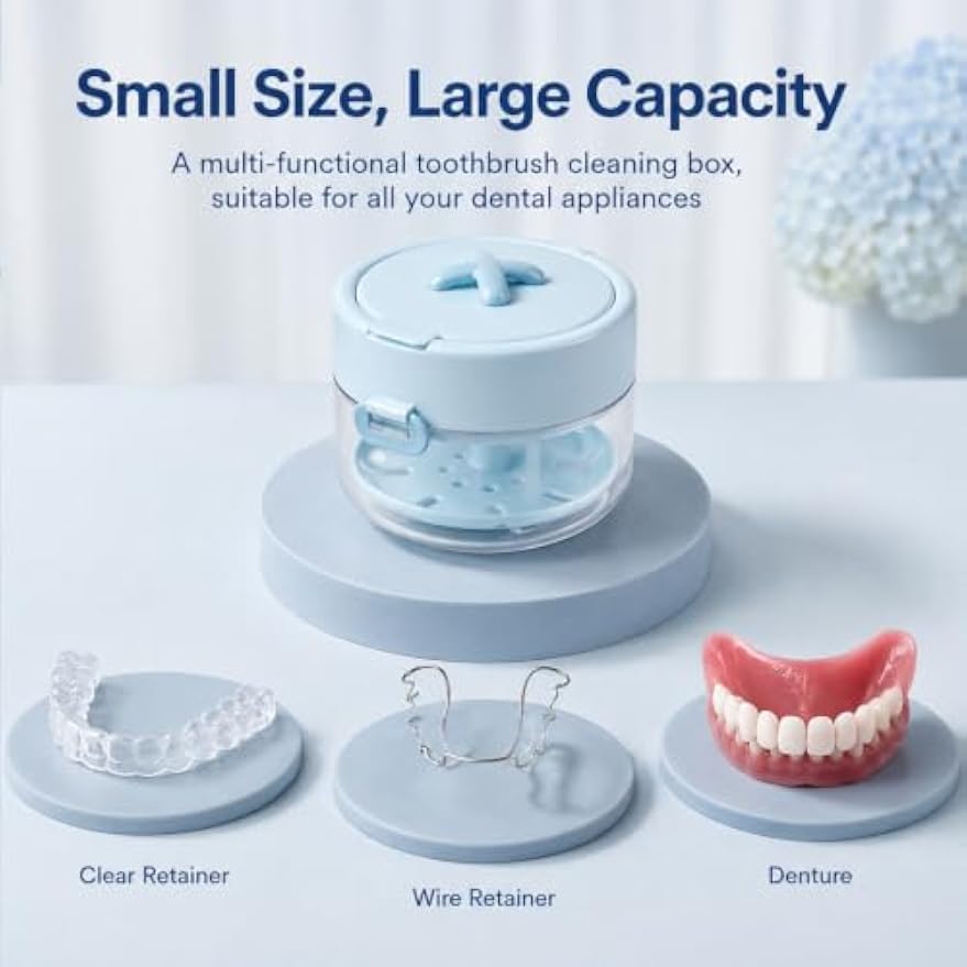 Retainer Cleaner Case, Retainer Case for Women Teen Girls, 3-in-1 Denture Bath Box with Leak Proof, Denture Bath Case with Mirror Cleaning Brush and Removal Tool (White)