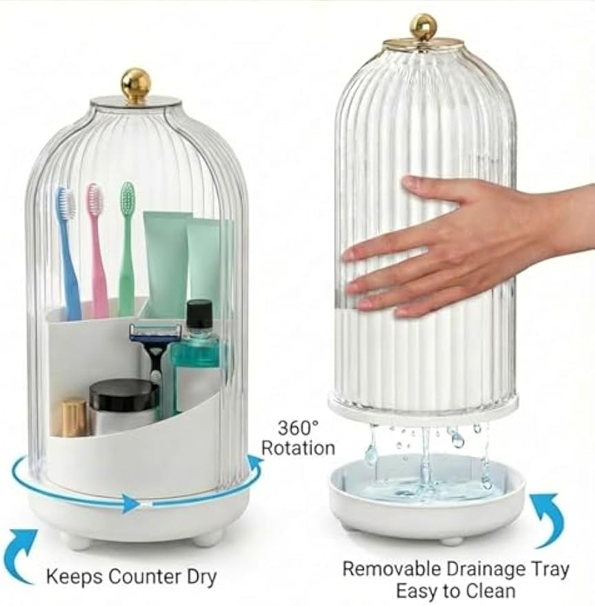 360° Rotating Toothbrush Holder with Cover - Dustproof Bathroom Countertop Organizer for Manual Toothbrushes & Razors - Spinning Vanity Makeup Brush Storage with Sliding Lid (White/Clear)