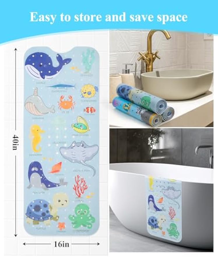 Secopad Bathtub Mat Non Slip, Cute Tub Mat, 40" x 16", Blue Sea Animals | Rectangular, Anti-Slip, Machine Washable, with Drain Holes and Suction Cups,For Bathtub and Shower Floor, for Toddler & Kids