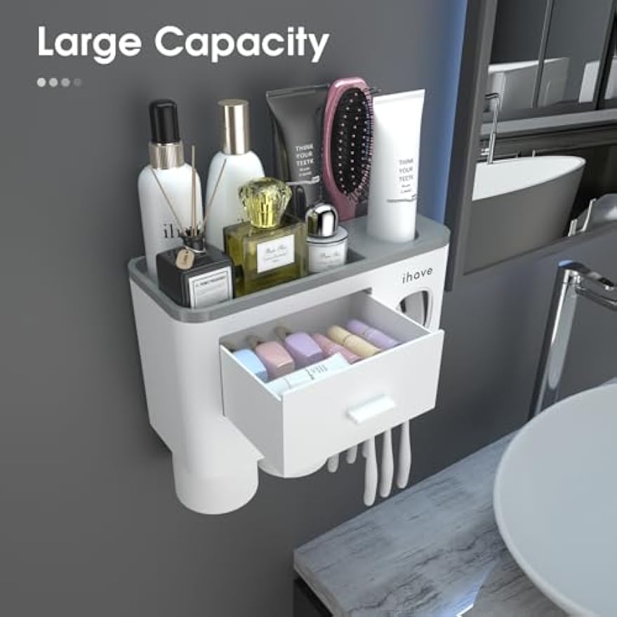 iHave Toothbrush Holders Wall Mounted with Toothpaste Dispenser & 2 Cups | All-in-One Bathroom Organizer: 2 Cups, 6 Slots, Toothpaste Dispenser, Large Tray & Drawer. Wall Mount, No Drilling Required