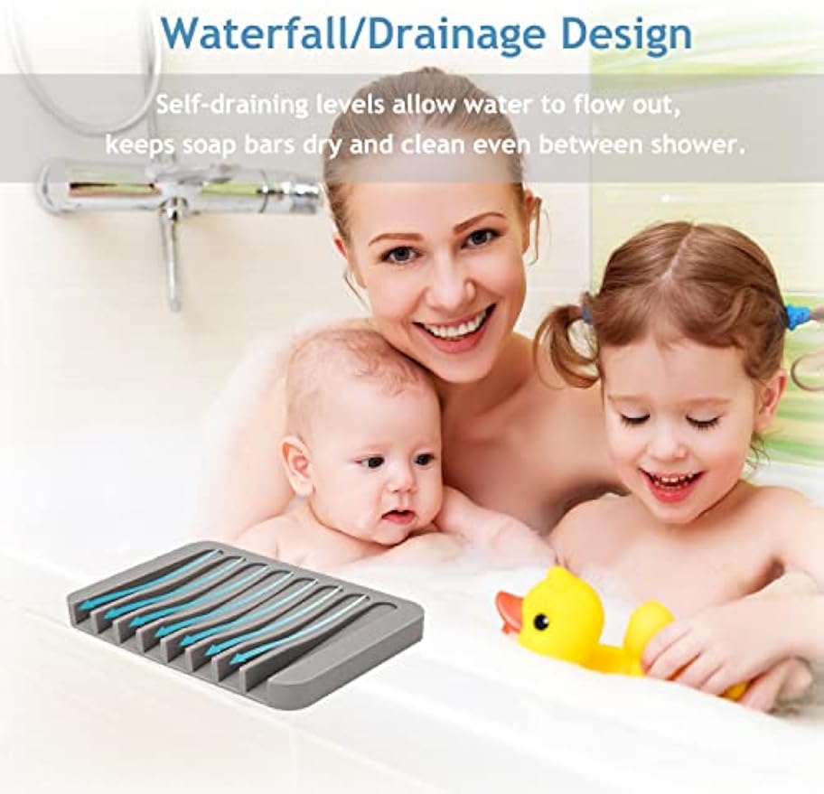 Self Draining Soap Dishes, 3 Pcs Silicone Soap Saver, Waterfall Drainer Soap Holder for Bathroom, Extend Soap Life, Keep Soap Bars Dry Clean & Easy Cleaning (White, Gray, Teal)