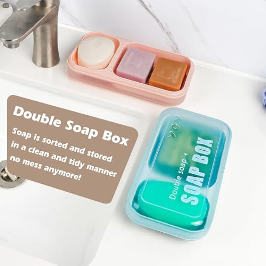 AIDIMMING Large Countertop Double Soap Dish with Lid, 2-Compartment Self Draining Soap Holder for Shower, Sink & Bathtub, 7.9 x 4.3 in Holder for Shampoo Bars and Bath Soap Bars, Light Blue