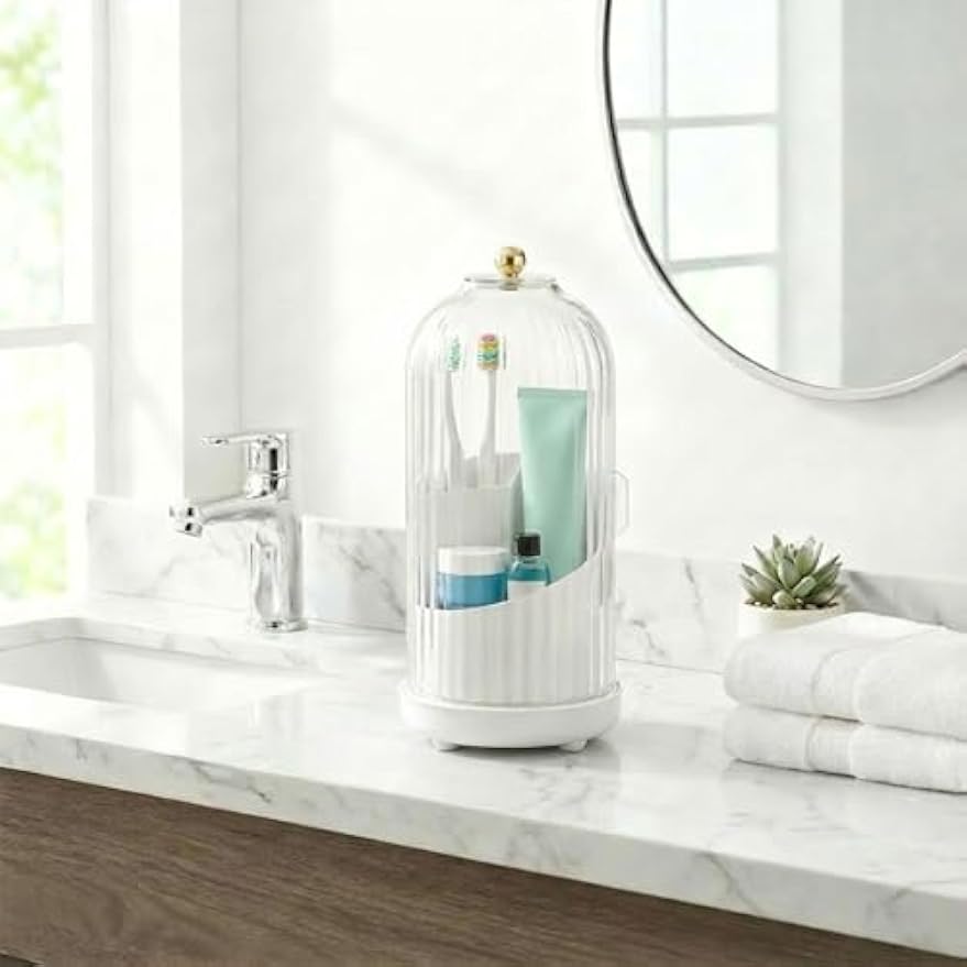 360° Rotating Toothbrush Holder with Cover - Dustproof Bathroom Countertop Organizer for Manual Toothbrushes & Razors - Spinning Vanity Makeup Brush Storage with Sliding Lid (White/Clear)
