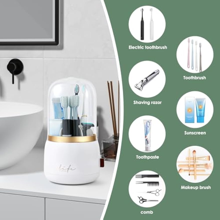 Toothbrush Holders, Toothbrush Holders for Bathrooms, Makeup Brush Holder | Toothbrush and Toothpaste Holder, Rotatable Toothbrush Holder with Transparent Dust Cover, Multi Drainage Vent Holes