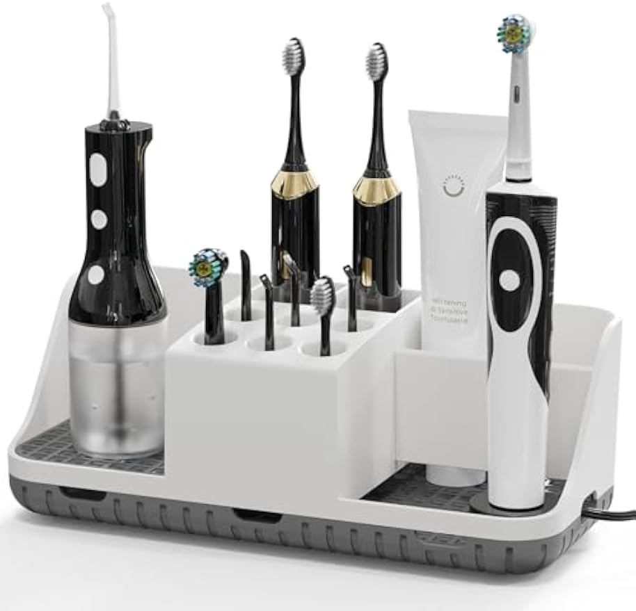 Boperzi Electric Toothbrush Holders with Cord Slots: Detachable Toothbrush and Toothpaste Holders, Large Tooth Brush Storage Caddy Set Drainage, Anti-Slip Bathroom Counter Organizer for Family, Kids