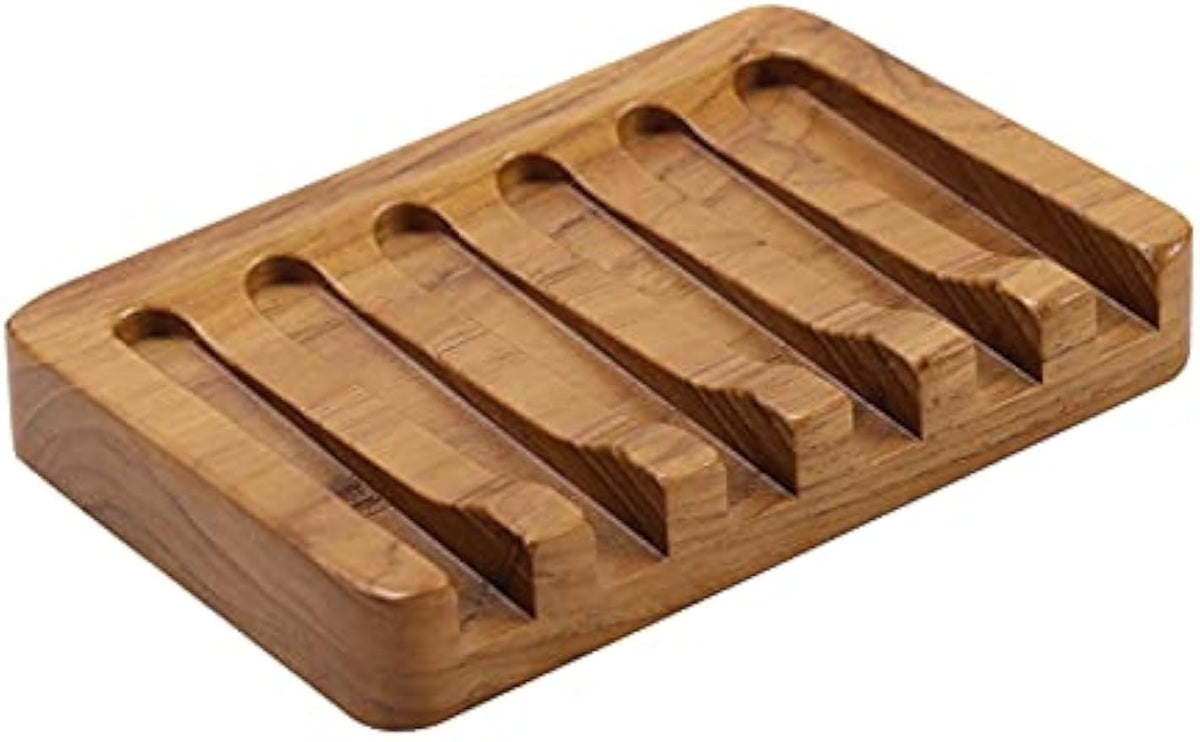 HTB Soap Dish with Slanted Waterfall Design,Teak Wood Bar Soap Holder | Soap Saver Keep Soap Bar Dry,Extend Soap Life,Non-slip Soap Tray for Shower,Bathroom,Sink,Kitchen,Countertop,Self Draining