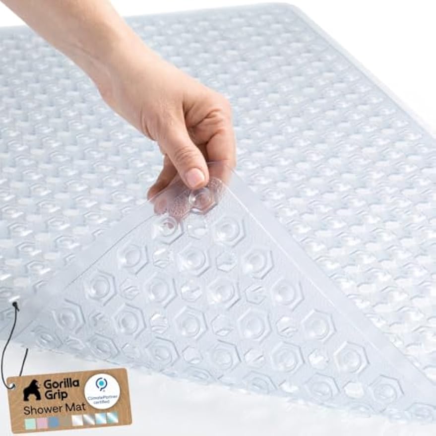 GORILLA GRIP Bath Tub Shower Mat, Bathtub Floor Liner, 35x16 Clear | Patented Large Mats, Machine Washable, Suction Cups and Drain Holes to Keep Tubs Clean, Soft on Feet, Bathroom Essentials
