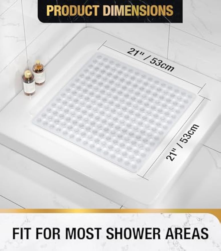HITSLAM Shower Mat Anti Slip, Square Bath Mat for Tub Non Slip with Suction Cups and Drain Holes, 21x21 Inch Bathroom Shower Stall Floor Mat, Machine Washable, Soft on Feet, Clear