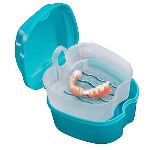 Coolrunner Denture Case, Denture Cup with Strainer, Denture Bath Box False | Teeth Storage Box with Basket Net Container Holder for Travel, Retainer Cleaning (Green)