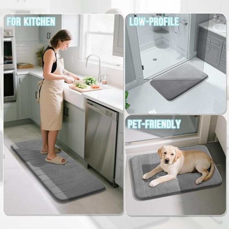 Yimobra Memory Foam Bath Mat Set 3 Pieces- Super Soft Absorbent Quick Dry Bathroom Rug Sets, Machine Washable Non Slip Floor Carpet for Tub Shower, Vanity & Toilet Base, Gray