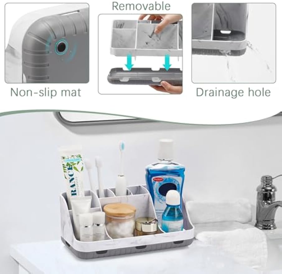 GFWARE Marble Bathroom Countertop Organizer - Detachable 7 Slots Kids Electric Toothbrush and Toothpaste Holde Drainage for Bathroom Accessories Organization Counter Vanity Storage, Grey | Detachable 7 Slots Kid Electric Toothbrush and Toothpaste Holder,